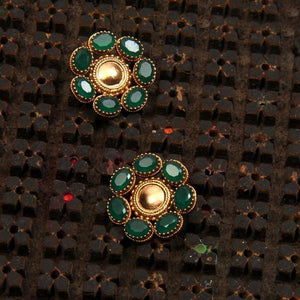 Gold Toned Circle Stud Earrings with Green Crystals