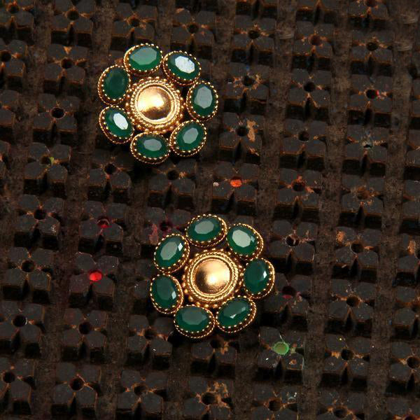 Gold Toned Circle Stud Earrings with Green Crystals