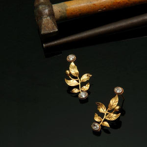 Gold Serrate Leaves Earrings with Crystals