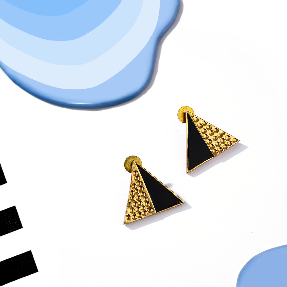 Gold Toned Triangle Perspex Stud Earrings With Beaten Metal Detail
