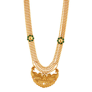 Gold Toned Ball Chain Mayura Necklace With Green Crystals