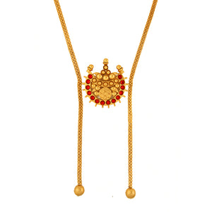 GOLD PLATED THIN 3D CHAIN AND RED BP NECKPIECE WITH 2 BEADS HANGING