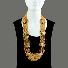 Load image into Gallery viewer, GOLD PLATED 9 LINE BALL CHAIN HEAVY NECKPIECE WITH 6 GREEN BP AND PEACOCK PENDENT ON IT
