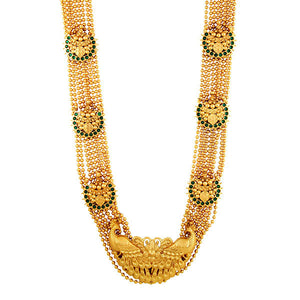 GOLD PLATED 9 LINE BALL CHAIN HEAVY NECKPIECE WITH 6 GREEN BP AND PEACOCK PENDENT ON IT