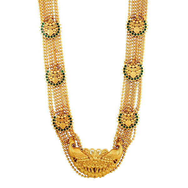 GOLD PLATED 9 LINE BALL CHAIN HEAVY NECKPIECE WITH 6 GREEN BP AND PEACOCK PENDENT ON IT