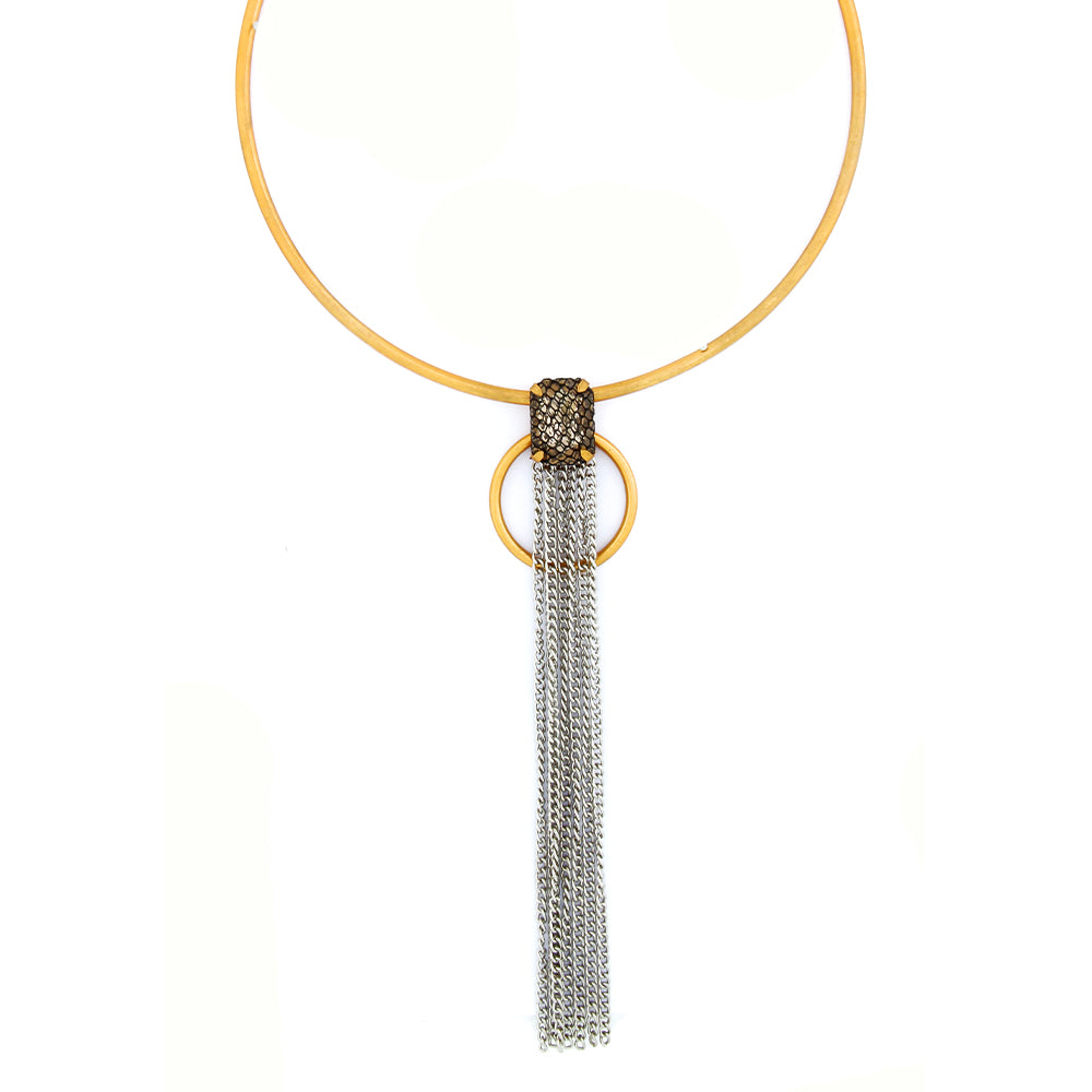 Gold Toned Necklace with netted crystal and tassels