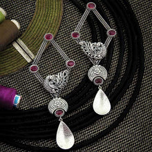 Load image into Gallery viewer, Oxidised Silver Diamond Shaped Peacock Drop Earrings with Pink Crystals
