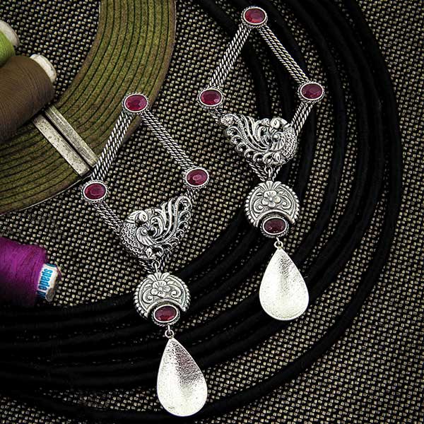 Oxidised Silver Diamond Shaped Peacock Drop Earrings with Pink Crystals