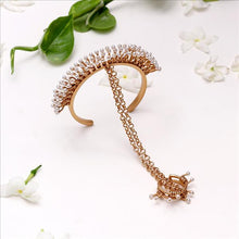 Load image into Gallery viewer, GOLD PLATED WIRE PEARLS HAATH PHOOL WITH 2LINE WRAP WIRE PEARL RING
