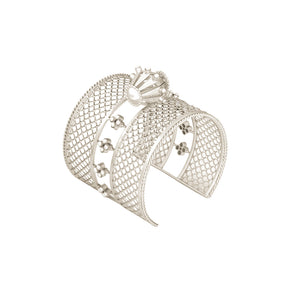 SILVER PLATED LATTICE CUFF WITH DAMRU AND MOTI COLLET