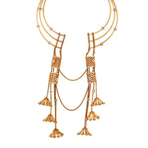 GOLD PLATED 3 LINE WIRE NECKPIECE WITH DORI CHAIN, LATTICE SCROLLS AND JHUMKAS HANGING ON CENTER