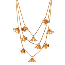 Load image into Gallery viewer, GOLD PLATED 3 LINE DORI CHAIN NECKPIECE WITH DAMRU AND JHUMKA HANGING
