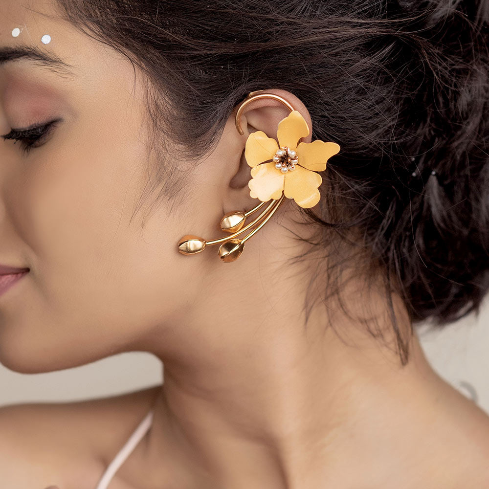 Bright Yellow Lily Ear Cuffs With Mogra Buds – Suhani Pittie
