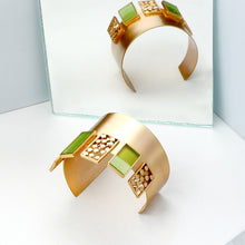 Load image into Gallery viewer, GOLD TONED CUFF WITH CHARTREUSE ACRYLIC &amp; DOTTED BLOCKS
