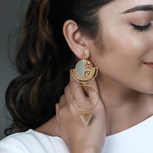 Load image into Gallery viewer, GOLD TONED CIRCULAR DROP EARRINGS WITH ACRYLIC ARCS &amp; COILED TRIANGLES
