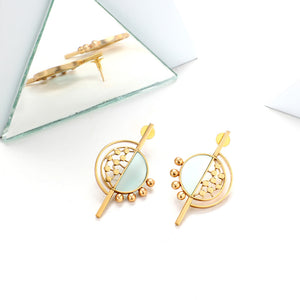 GOLD TONED SPLIT CIRCULAR STUDS WITH CYAN ACRYLIC & DOTTED DETAIL