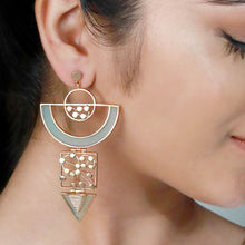 Load image into Gallery viewer, GOLD TONED SEMI-CIRCULAR DROP EARRINGS WITH CYAN ACRYLIC ARC &amp; DOTTED COIL DETAILS
