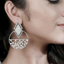 Load image into Gallery viewer, SILVER TONED COILED CYAN ACRYLIC TRIANGLE DROP EARRINGS WITH SPLIT DOTTED CIRCLES
