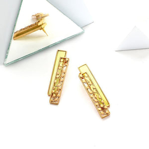 GOLD TONED CHARTREUSE ACRYLIC & DOTTED BLOCK STUDS