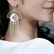 Load image into Gallery viewer, SILVER TONED SEMI-CIRCULAR DROP EARRINGS WITH MIXED ACRYLIC BAR CHARMS
