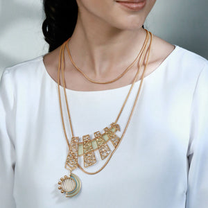 GOLD TONED LAYERED NECKLACE WITH ACRYLIC & DOTTED ARC PENDANT