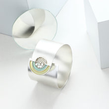 Load image into Gallery viewer, SILVER TONED WRAP CUFF WITH ACRYLIC ARCS &amp; SPLIT CIRCULAR DETAIL
