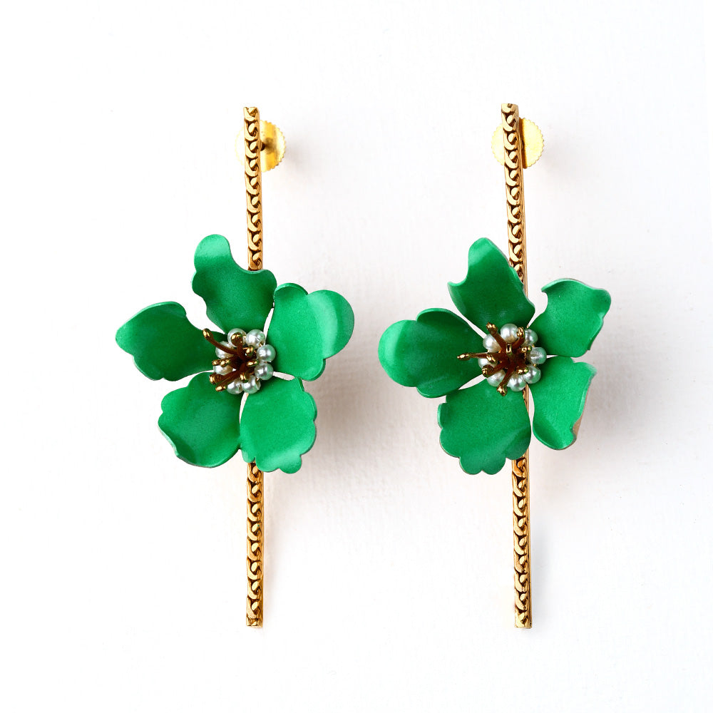 GOLD TONED GREEN LILY BAR EARRINGS