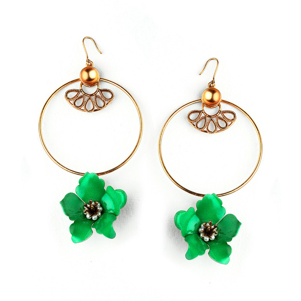 GOLD TONED CIRCULAR DROP EARRINGS WITH GREEN LILY & CREST DETAIL