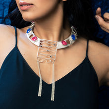 Load image into Gallery viewer, Sterling Silver Zig Zag Necklace With Chain Tassels &amp; Swarovski Crystals
