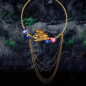 Gold Toned Oval Peacock Plume Collar Necklace With Swarovski Crystals & Cascading Chains