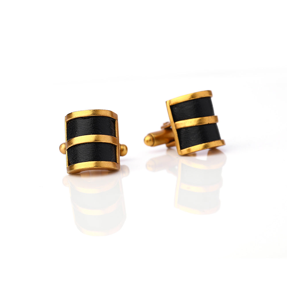 Gold Toned Curved Cuff Links With Leather Panels