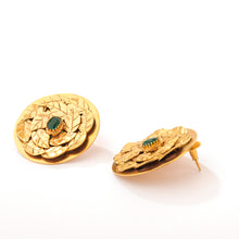 Load image into Gallery viewer, GOLD PLATED SERRATE EARRING with green crystal worn by Neha Dhupia
