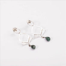 Load image into Gallery viewer, 92.5 SILVER DROP, SQ, PERFORATED CONES AND EMERALD DROP EARRING
