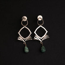 Load image into Gallery viewer, 92.5 SILVER DROP, SQ, PERFORATED CONES AND EMERALD DROP EARRING
