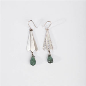 92.5 SILVER DROP PERFORATED CONES & GREEN EMERALD DROP EARRING