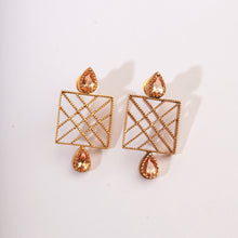 Load image into Gallery viewer, GOLD PLATED SQUARE CHECKED AND PEACH XTL DROPS EARRING
