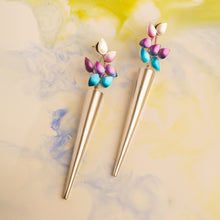 Load image into Gallery viewer, Limited Edition Coloured Drop Leaf and Cone earring (Purple &amp; Blue )
