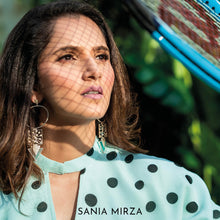 Load image into Gallery viewer, SILVER TONED  DROP EARRINGS WITH DOTTED BLOCK &amp; CYAN ACRYLIC TRIANGLE WORN BY SANIA MIRZA
