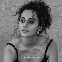Load image into Gallery viewer, GOLD TONED AND BLACK COMPOSITE SQUARE STUD EARRINGS WORN BY TAAPSEE PANNU
