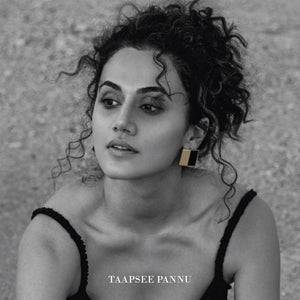 GOLD TONED AND BLACK COMPOSITE SQUARE STUD EARRINGS WORN BY TAAPSEE PANNU