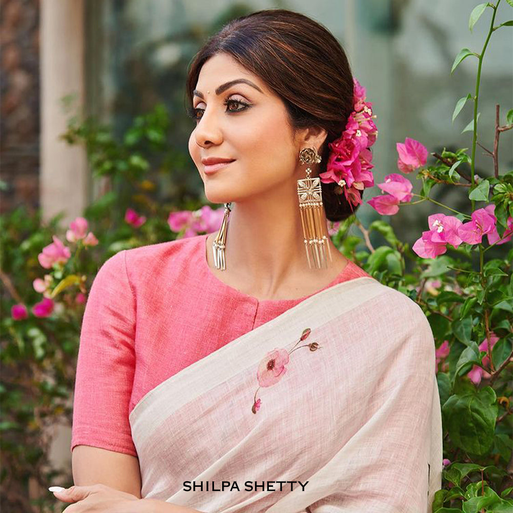 Silver & Gold Floral Jali Drop Earrings with Flat Tassels worn by Shilpa shetty