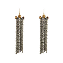 Load image into Gallery viewer, GOLD PLATED DOUBLE STUDDED WIRE EARRING WITH LONG THIN CHAIN
