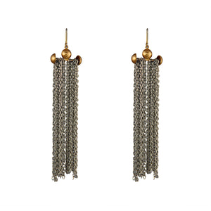 GOLD PLATED DOUBLE STUDDED WIRE EARRING WITH LONG THIN CHAIN