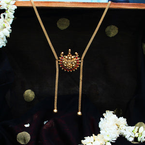 GOLD PLATED THIN 3D CHAIN AND RED BP NECKPIECE WITH 2 BEADS HANGING