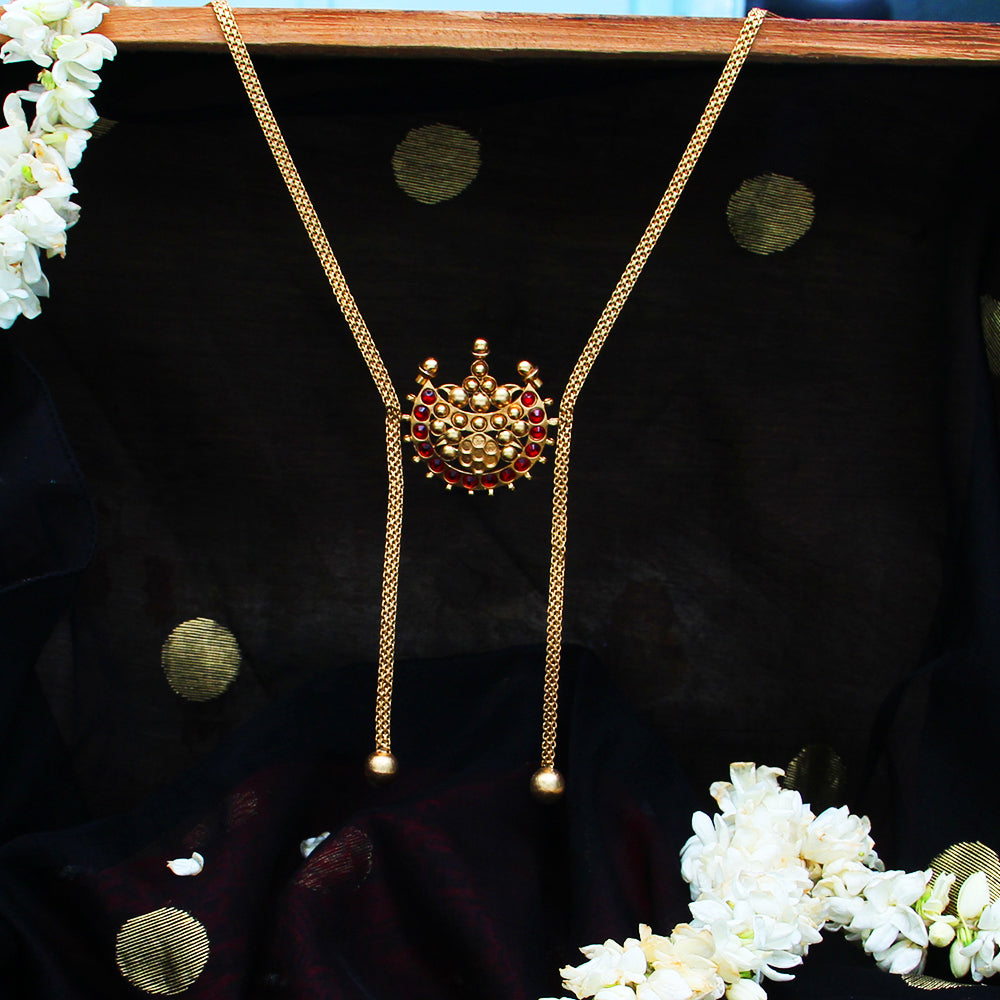 GOLD PLATED THIN 3D CHAIN AND RED BP NECKPIECE WITH 2 BEADS HANGING