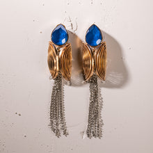 Load image into Gallery viewer, MIDNIGHT BLUE EARRINGS WITH CHAIN TASSELS
