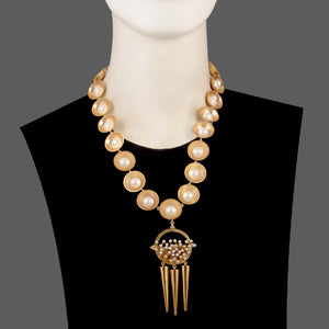 GOLD PLATED KATURI AND HALF PEARLS NECKPIECE WITH WIRE PEARL AND 3 POKES PENDENT