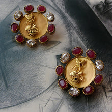 Load image into Gallery viewer, gold-circular-foliage-studs-with-crystals-worn-by-rashi-khanna
