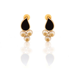 GOLD TONED AND BLACK PETAL STUD EARRINGS WITH PEARL DROPS