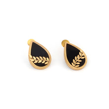 Load image into Gallery viewer, GOLD TONED AND BLACK PETAL STUD EARRINGS WITH FOLIAGE DETAIL
